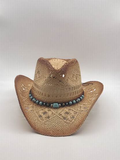 Western Straw Cowgirl Hat with Turquoise Bead Band
