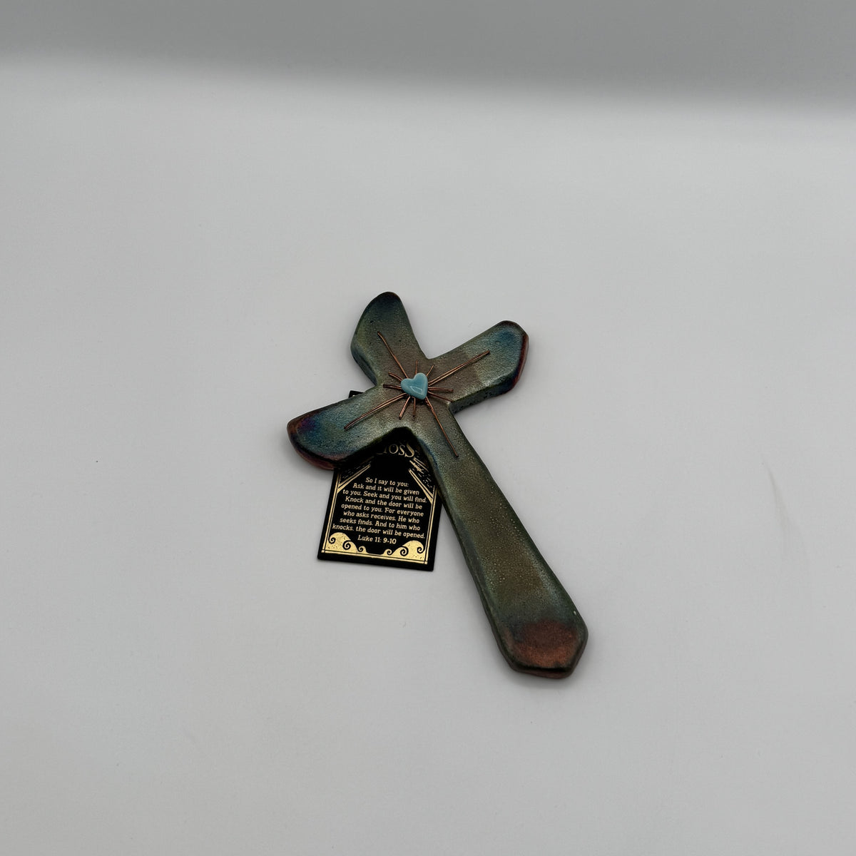 Raku Fired Ceramic Cross with Turquoise Heart
