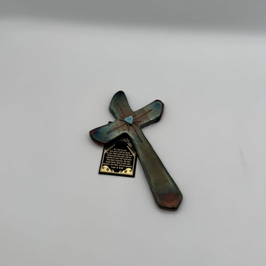 Raku Fired Ceramic Cross with Turquoise Heart