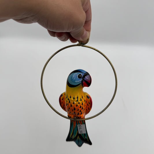 Hand-Painted Parrot on Metal Ring Swing