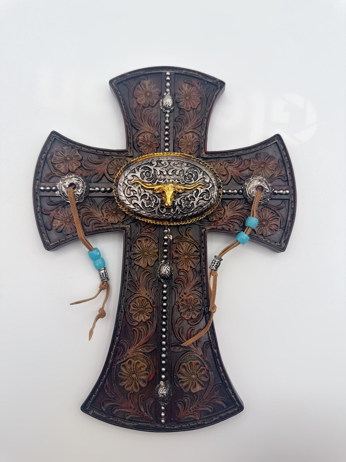 Western Longhorn Tooled Cross Wall Decor