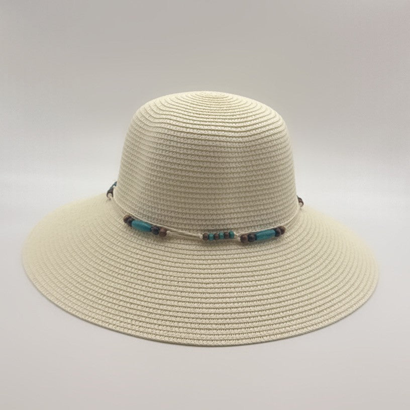 White Straw Sun Hat with Turquoise Beaded Trim
