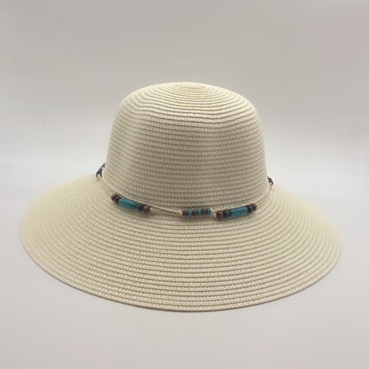 White Straw Sun Hat with Turquoise Beaded Trim