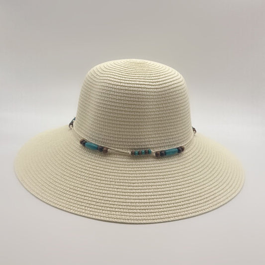 White Straw Sun Hat with Turquoise Beaded Trim
