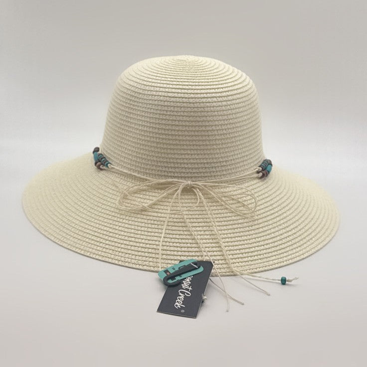 White Straw Sun Hat with Turquoise Beaded Trim