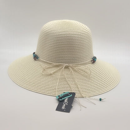 White Straw Sun Hat with Turquoise Beaded Trim