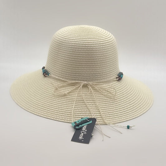 White Straw Sun Hat with Turquoise Beaded Trim